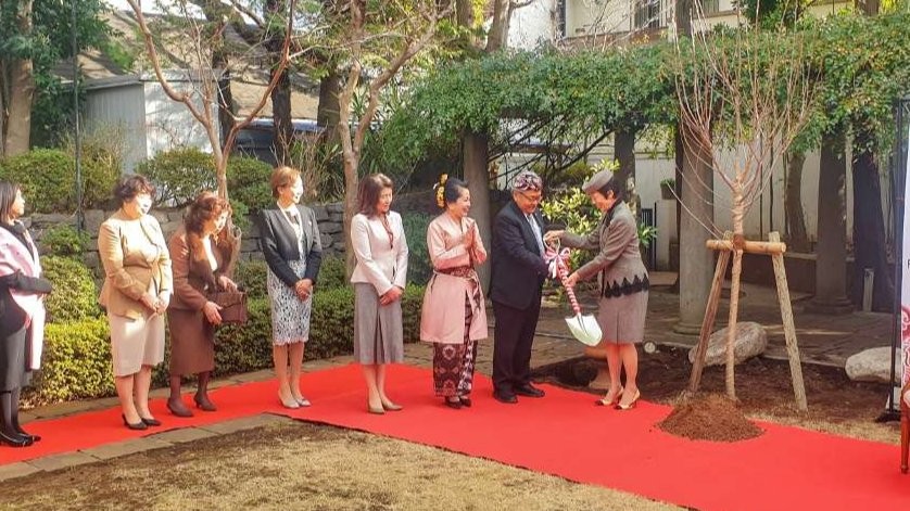 KBRI bekerja sama dengan Ikebana International dan Ikebana Tokyo Founding Chapter menggelar acara Jamuan Teh Petang dan Penanaman Pohon Sakura. (Foto: Dok KBRI Tokyo)