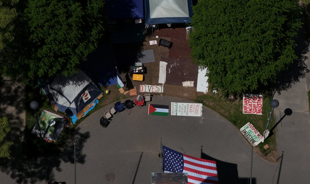 Aksi damai mahasiswa di Harvard, membangun tenda di halaman dan mendorong kampus divestasi dari perusahaan terlibat genosida Israel di Gaza. (Foto: Twitter)