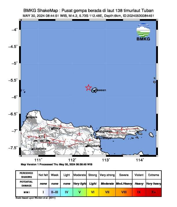 Pulau Bawean, Kabupaten Gresik Kembali diguncang gempa pada Kamis 30 Mei 2024. (Foto: bmkg)