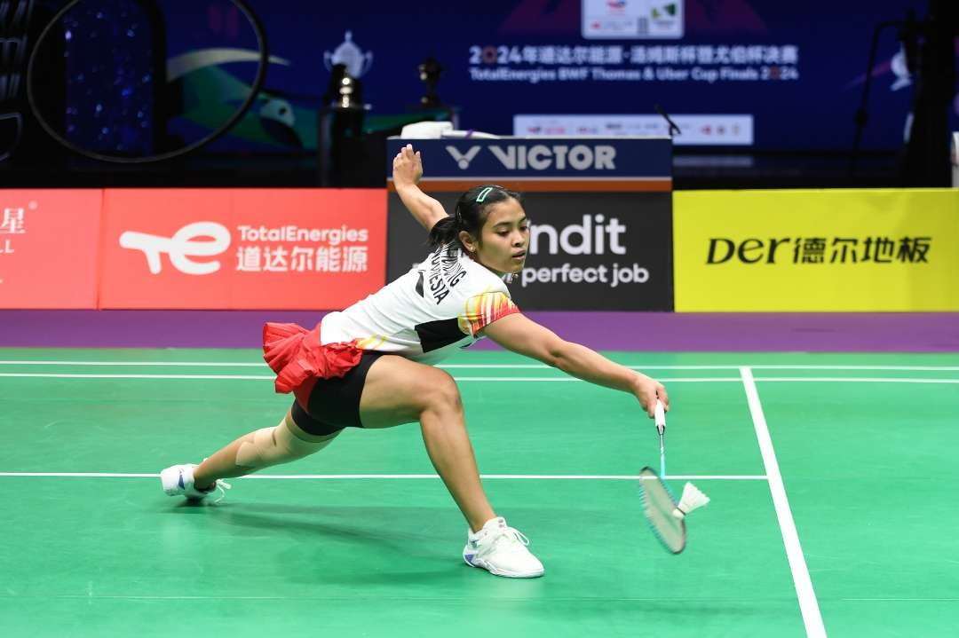Gregoria Mariska Tunjung menjadi tumpuan pertama Indonesia di babak 16 besar turnamen badminton Indonesia Open 2024. (Foto: X/@CGTNSportScene)