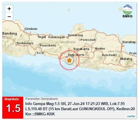 Gempa Bumi terjadi di Kabupaten Gunungkidul pada Kamis petang, 27 Juni 2024. (Foto: bmkg DIY)