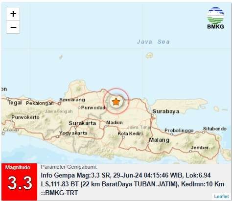 Informasi gempa bumi mengguncang wilayah Kabupaten Tuban, Jawa Timur. (Foto: BMKG Tuban)